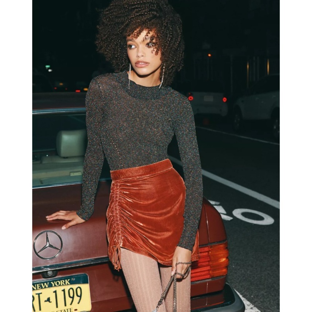 Free People x Revolve Vivienne Velvet Mini Skirt Sz 0 Rust/Brown Cinched Tie
